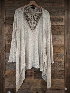 Seduzioni Beige Lace Crochet Open Front Knit Cardigan Wrap Size S/M
